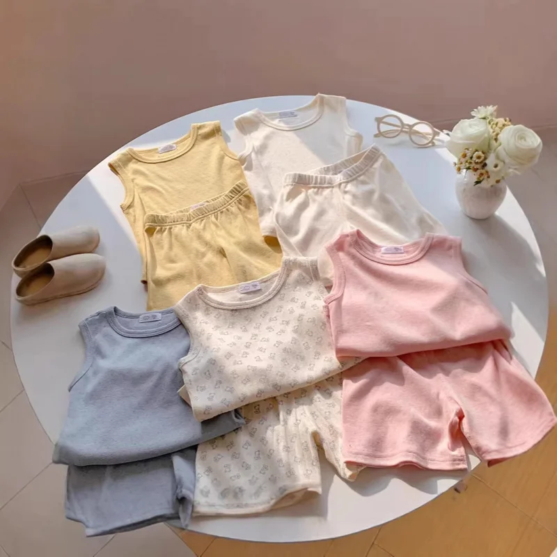 

Girls' Summer Vest Set Home Clothes Cotton Sleeveless Shorts Children's Clothing Baby Breathable Mesh Thin Two-Piece Set
