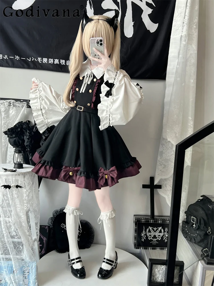 

Japanese Age Reduction Red Black Ruffles High Waist Dress Girl Gorgeous Flare Sleeve White Turn-down Collar Shirt Two-piece Set