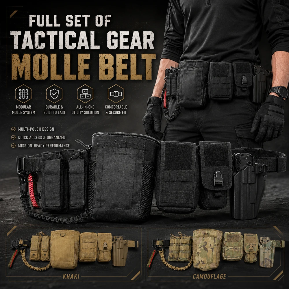 Outdoor Airsoft Tactical MOLLE Belt Set with Double Magazine Pouch, PHC Recovery Bag, Utility Pouch and Quick Draw Holster