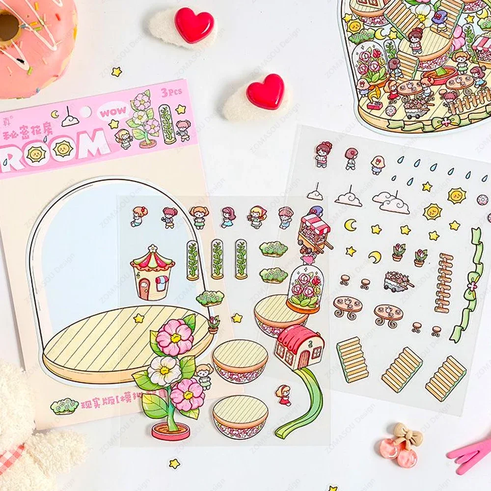 Dreamy Cartoon Water Bottle 3D DIY Landscape Sticker DIY Pocket Cabin Scene Stacking and Pasting Gift for Kid Child Student