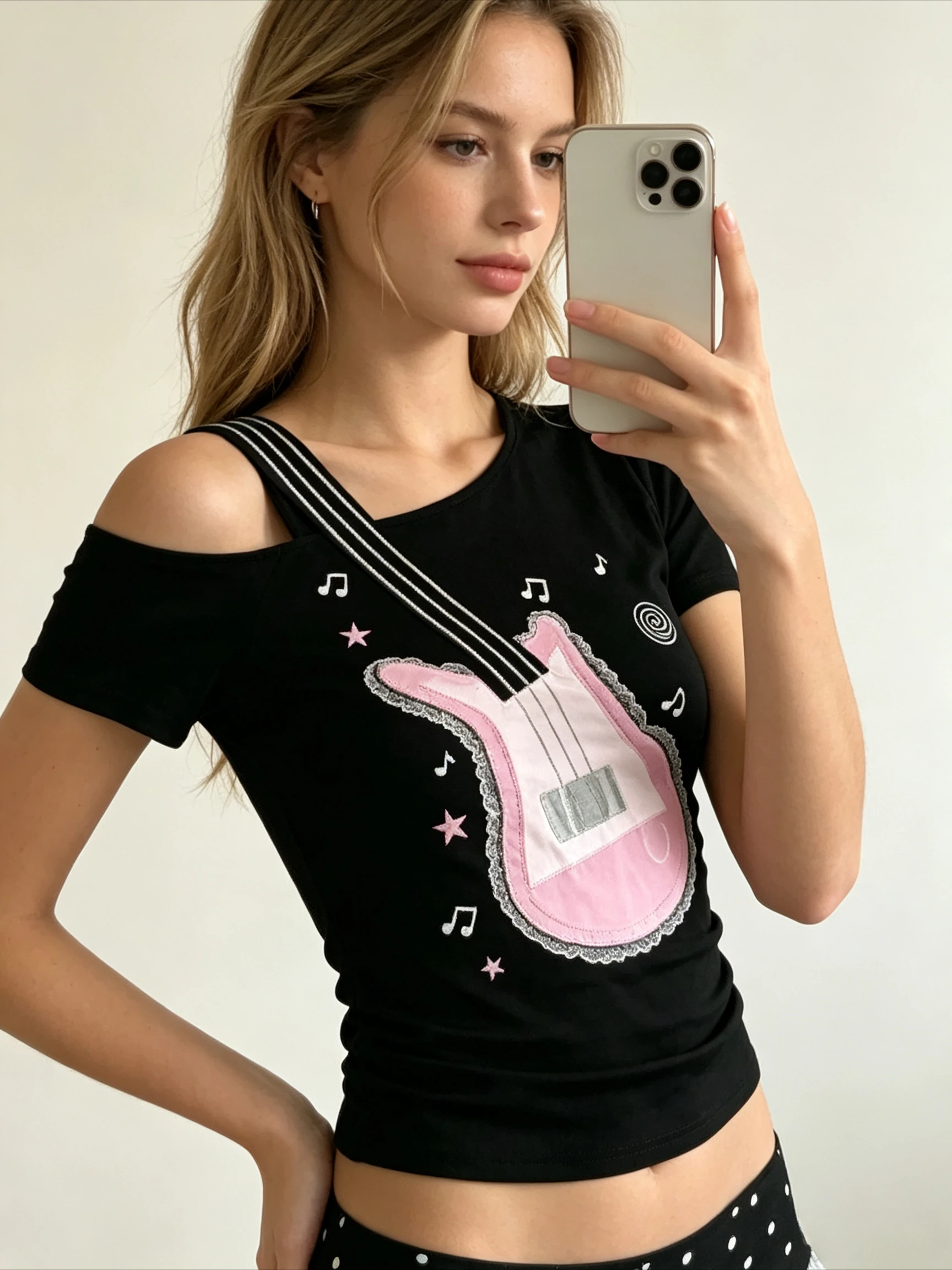 Y2K Punk Guitar Print Cold Shoulder Short Sleeve Top Music Symbol Star Pattern Off Shoulder Slim Casual Aesthetic Street Tee Top