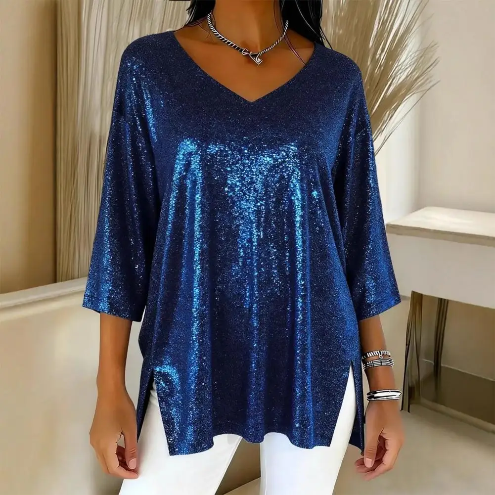 Fashion Sparkly Sequins T-Shirts Women Large Size Short Sleeve Sequin Pullover Tops Club Party Loose Fit Soft Comfy Tees Tops