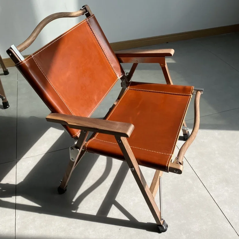 Outdoor Camping Folding Portable Backrest Chair Faux Wood Armrest Fishing Garden Seat Black Walnut Style Leisure Chair Modern Fu