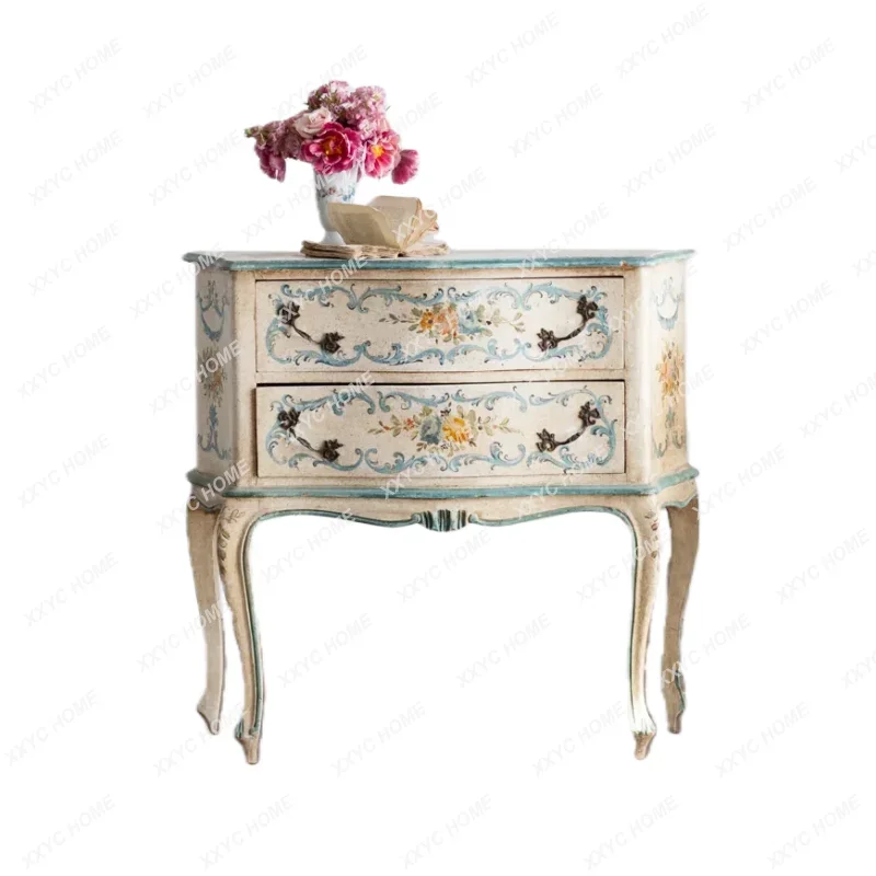 L retro old solid wood chest cabinet  hand-painted pattern decorative locker