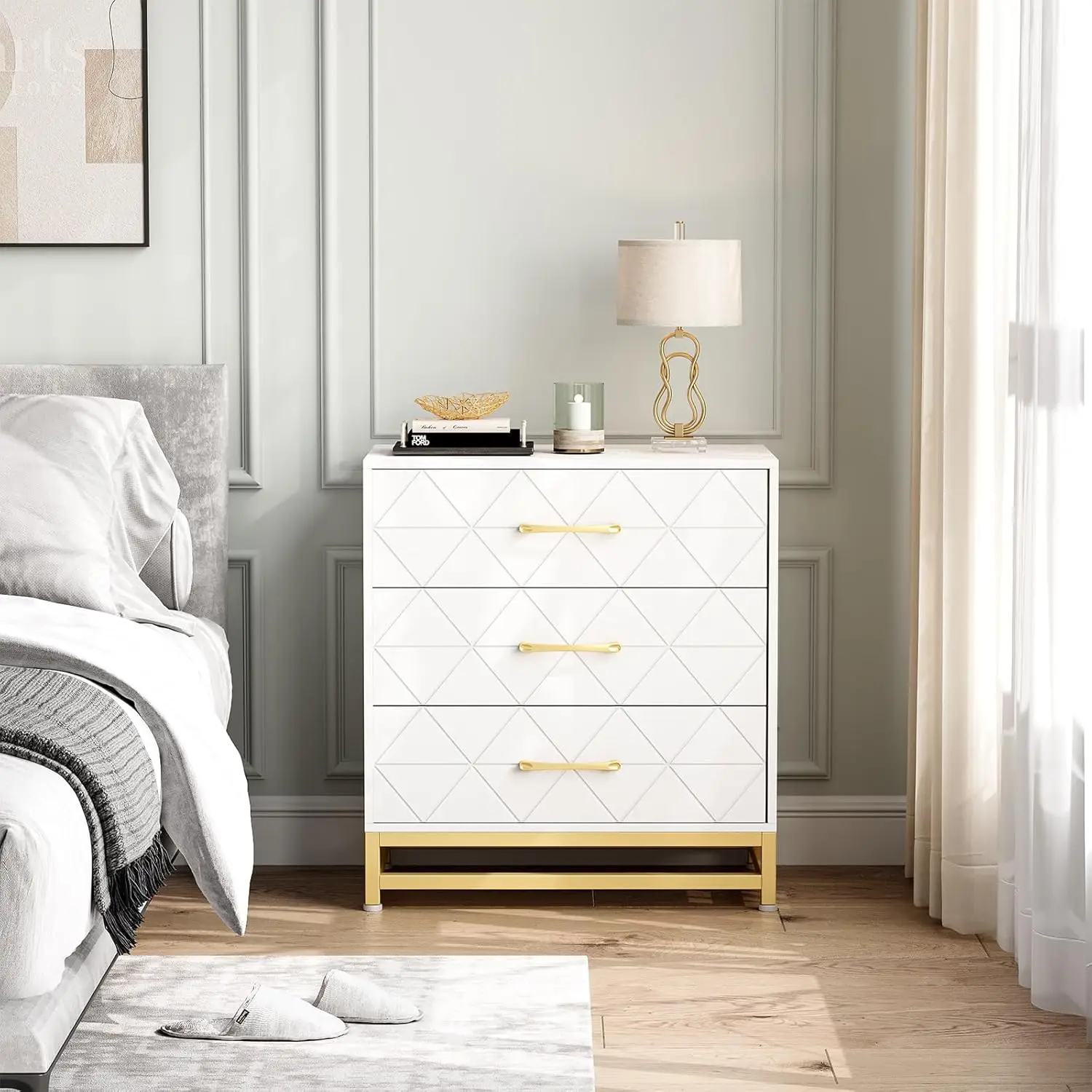 Commode pour chambre à coucher avec 3 MEL, Commode moderne Poitrine des portes de proximité, Wide Proximity Wers et Metal Foy, Commodes en bois, Blanc