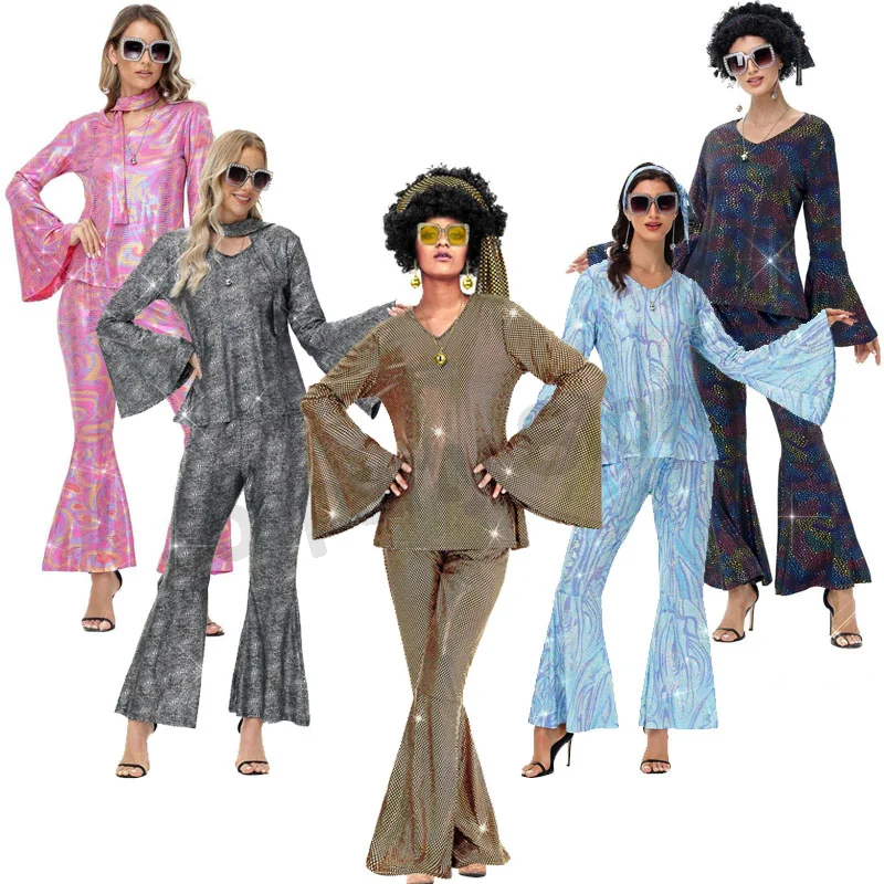 Vintage 70er Disco-Outfit für Damen und Herren mit Blumen-Paisley-Print und Goldprägung, Performance-Kostüm, in verschiedenen Farben erhältlich