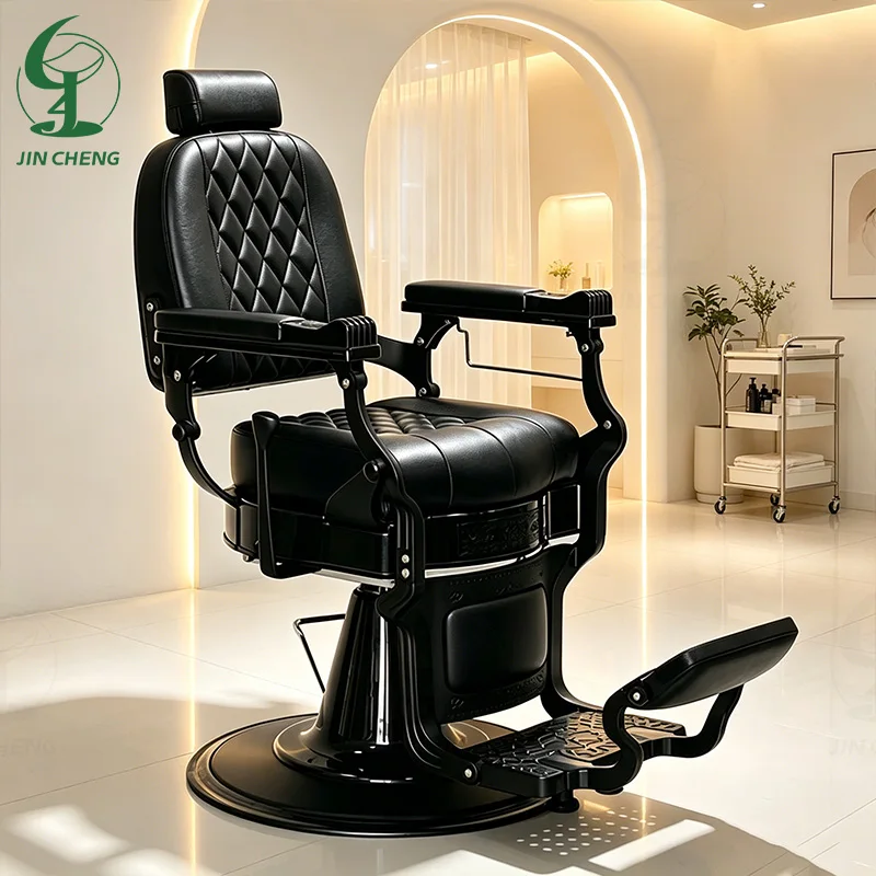 Jincheng Classic Luxury Modern Foldable Height Adjustable Barber Chair Black Frame Aluminum Alloy Synthetic Leather Retro Barber