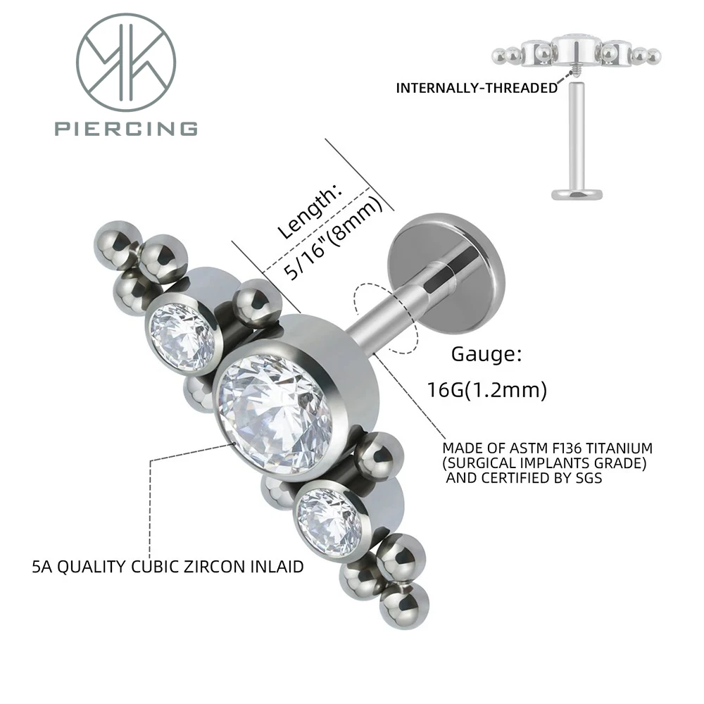 ASTM F136 Titanium 16G 18G Cluster CZ Labret Lip Cartilage Ear Stud Internally Threaded Conch Ring Helix Piercing