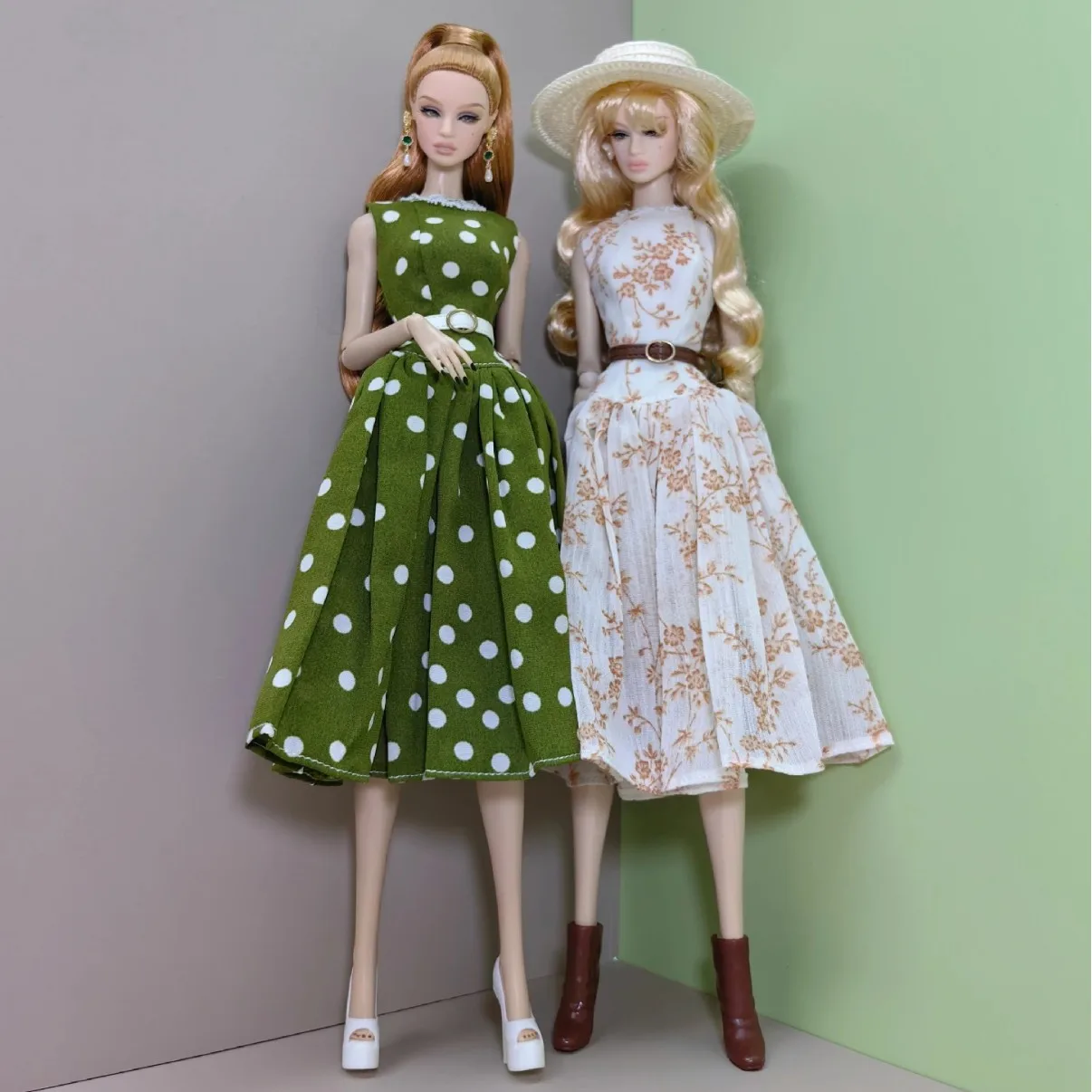 1/6 Babi Doll Clothes Vintage Floral Print Dress Elegant Polka-dot Green Evening Gown For 30cm FR Babi Supermodel Doll Dress Up
