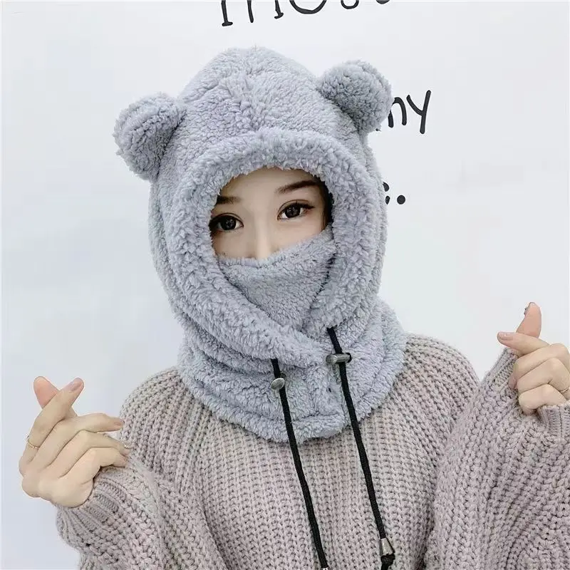 Orelhas de urso de pelúcia femininas, balaclava bonito dos desenhos animados, urso quente chapéu com capuz, proteção de orelha, windproof, grossa,