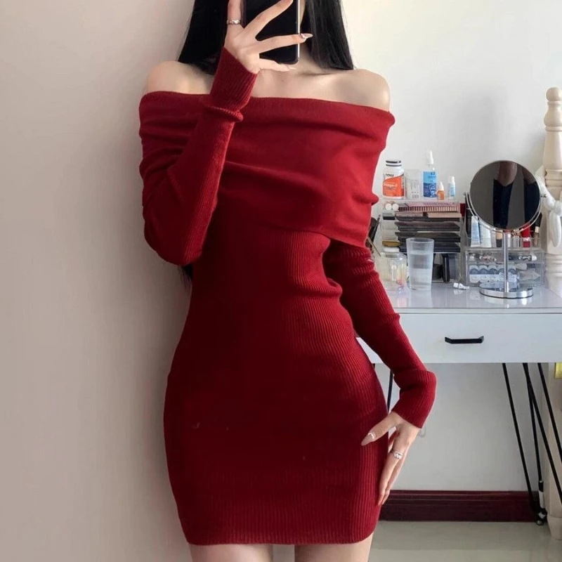 One Shoulder Women's Crochet Dresses Elegant High Quality Trend Retro Fashion Korean Clearance Sale Prom Party Female Knit Dress
