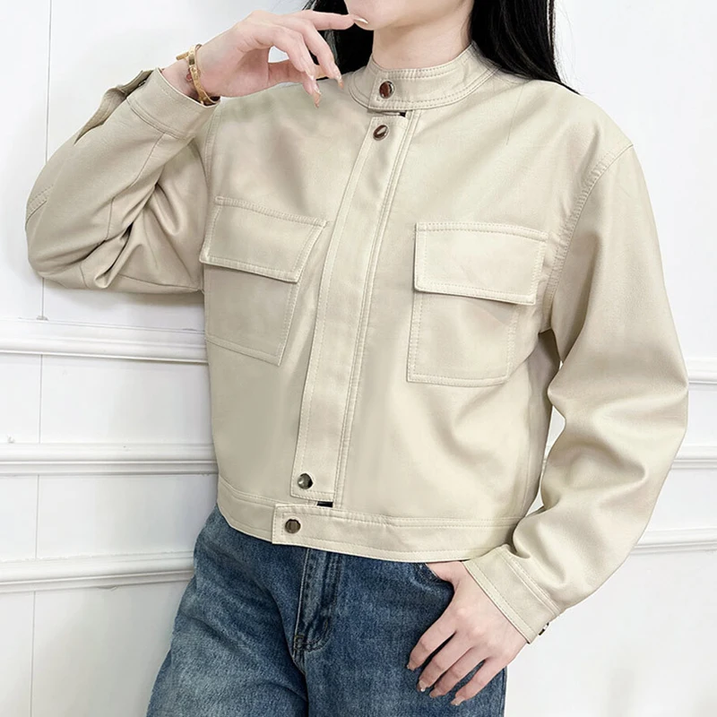 เสื้อแจ็คเก็ตหนังเทียมสไตล์วินเทจ Y2K สำหรับผู้หญิง คอตั้ง ซิปหน้า ทรงหลวม สไตล์อเมริกัน สำหรับฤดูใบไม้ผลิและฤดูใบไม้ร่วง