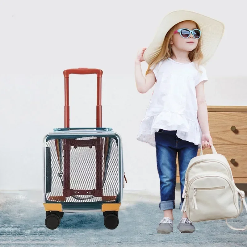 Nieuwe kinderen cartoon transparante koffer 14-inch rolbagage lichtgewicht trolley koffer universele wiel reiskoffer schooltas