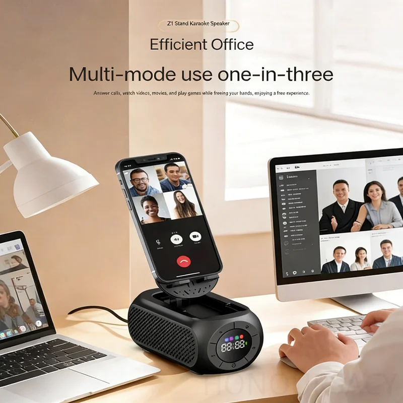 

Складная подставка для телефона, HIFI-караоке-колонка, стерео Bluetooth 5.3, FM-радио, портативный мини-сабвуфер с 2 микрофонами, цифровые будильники