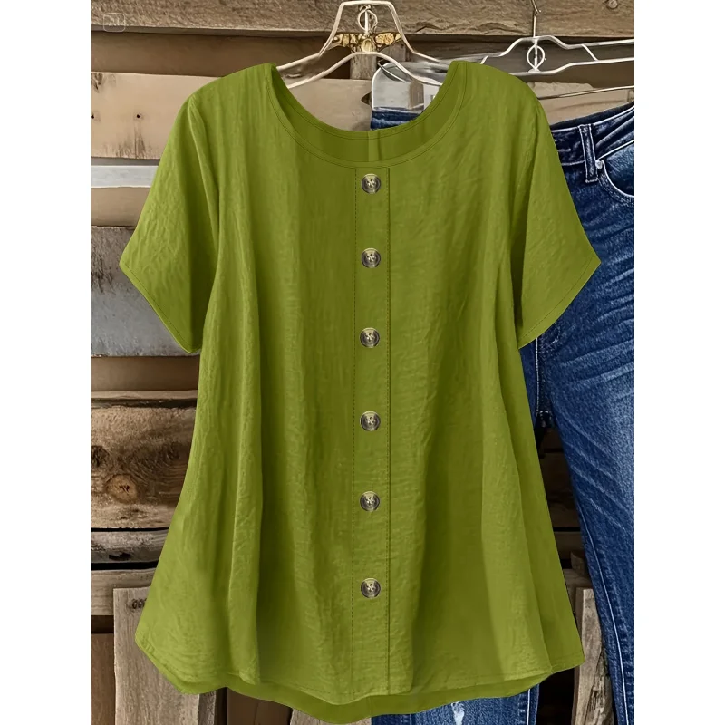 Women's Button-Front Placket Shirt | Round Neck Blouse, Washable, Solid Color Tops All-Season Casual & Dressy