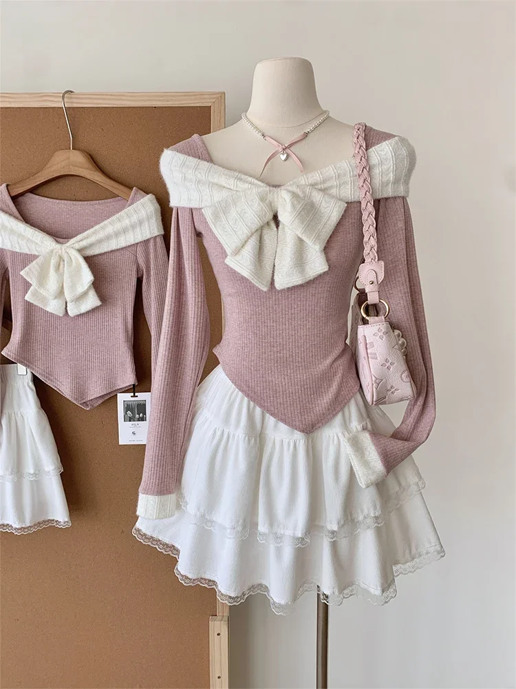 Set di gonne da donna T-shirt vintage a maniche lunghe con fiocco anni '90 con mini gonne a trapezio in pizzo Y2k elegante abito a due pezzi anni 2000 vestiti 2024