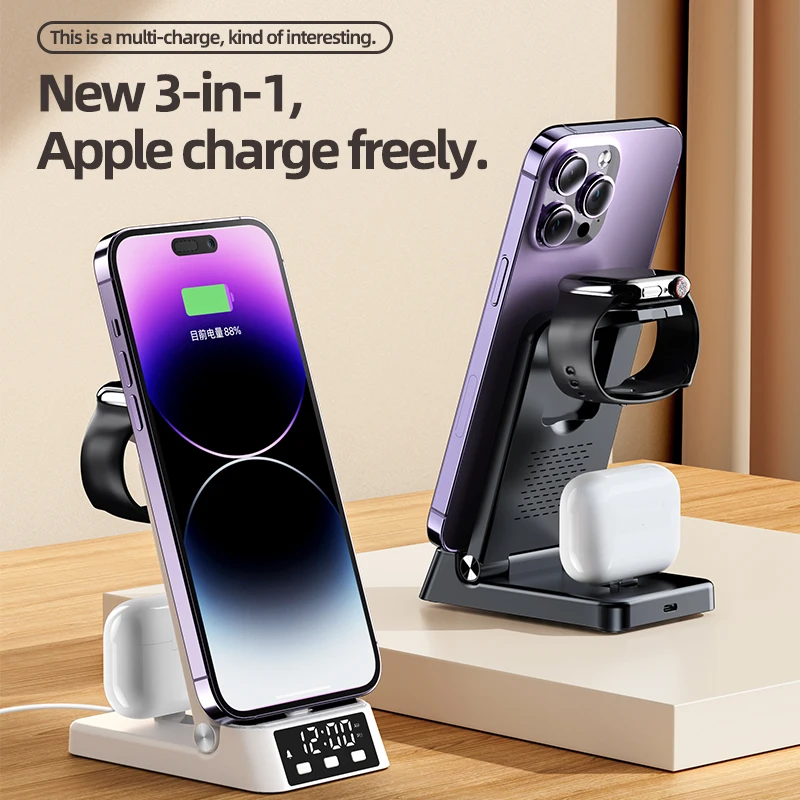 4 in 1 Wireless Charger Stand Foldable For iPhone 16 15 14 13 12 Samsung Apple Watch 8/7/6 Clock Alarm Fast Charging Station