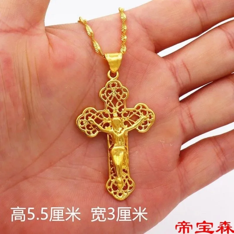 Collier croix plaqué or véritable pour hommes et femmes, chaîne de clavicule 24 carats 100%, ornement pendentif 999, bijoux en or pur 18 carats, 999