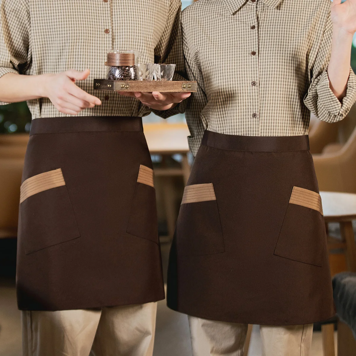 1 Piece Waist Apron for Ladies Kitchen Restaurant Waitress Apron with Side Pockets And Reinforced Seams