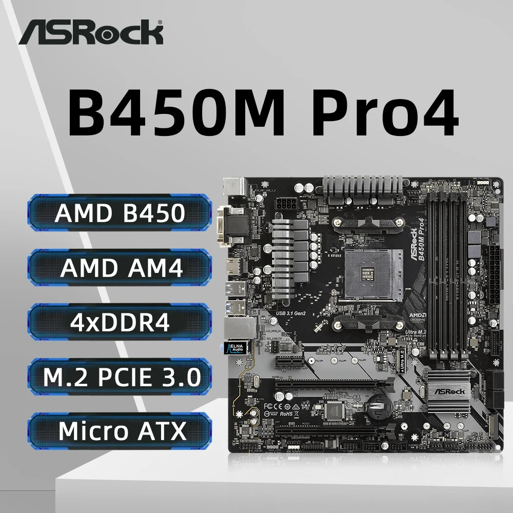 

ASROCK B450M PRO4 Motherboard AMD B450 AMD Supports 5950X 5800X3D 5700X 5600X 5600G 5600 CPU 4xDDR4 Micro ATX AM4 Mainboard