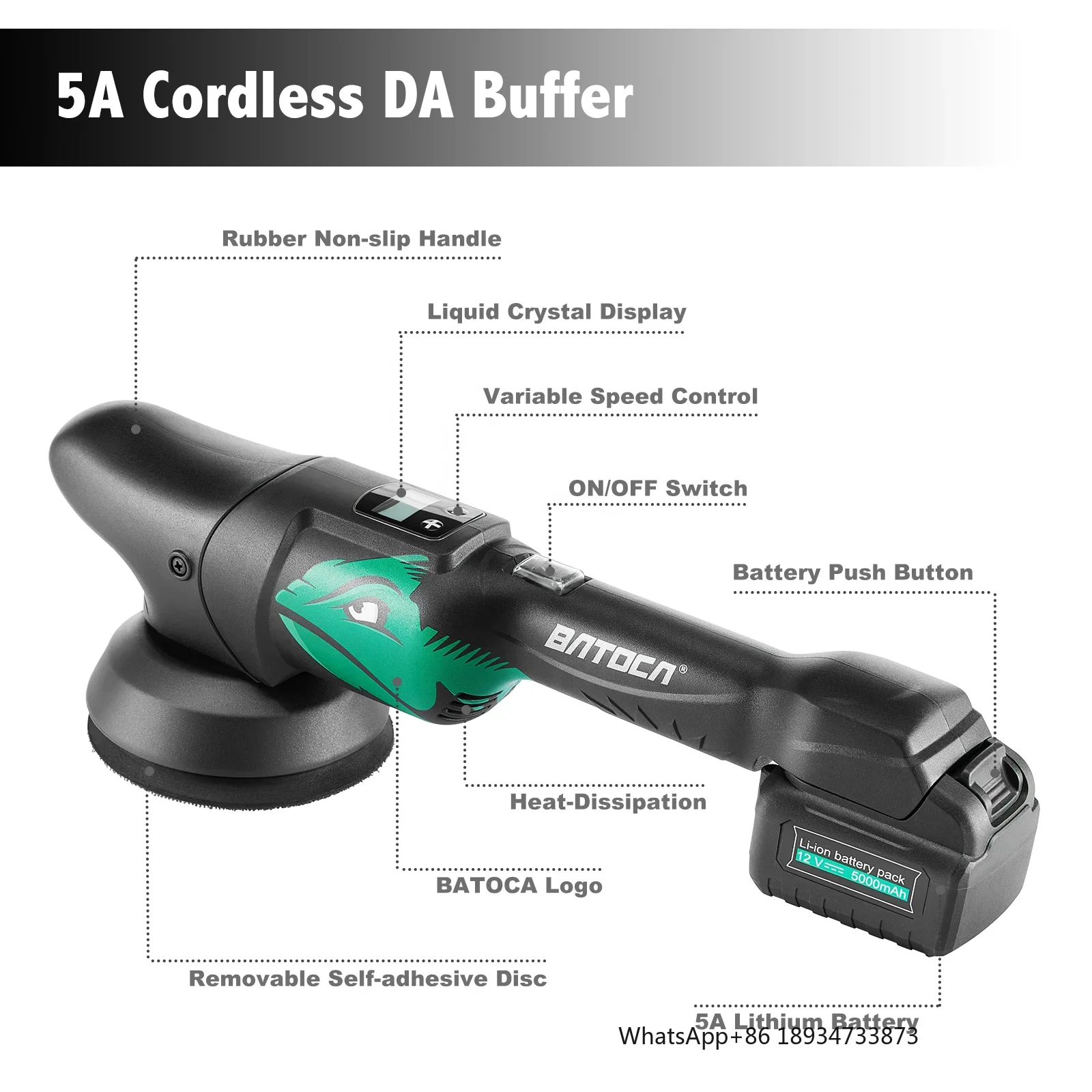 BATOCA S2 Cordless Waxing Polisher Orbital Polishers Car Buffer Polisher with 2pcs 5Ah Batteries 6 speed DA Polisher