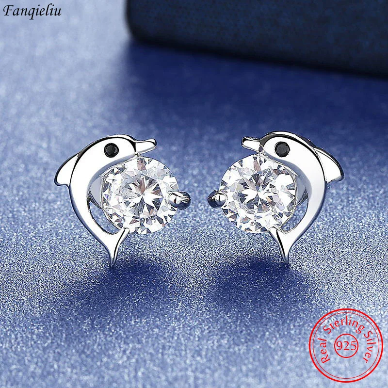 

Fanqieliu Genuine 925 Sterling Silver High Quality Crystal Jewelry New Zircon Cute Dolphin Stud Earrings For Women FQL23739