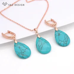 S&Z DESIGN Vintage Water Drop Synthetic Turquoises Dangle Earrings Jewelry Sets For Women Wedding 585 Rose Gold Color Necklace