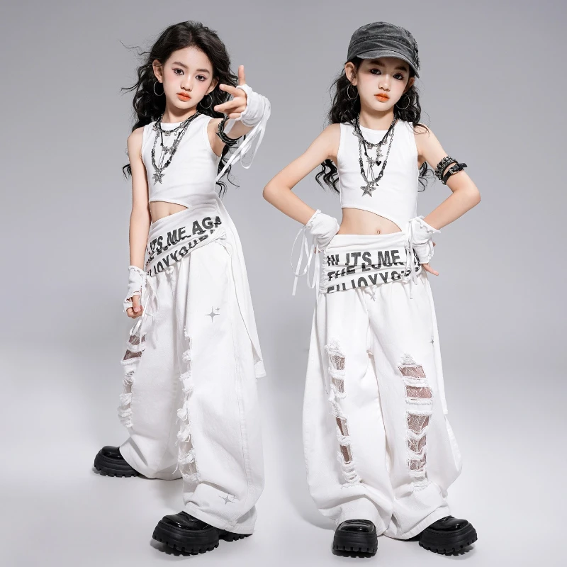 

Girls Hip Hop Clothes White Top Ripped Pants Jazz Dance Performance Costume Group Kpop Outfit Streetwear Catwalk Performance Set