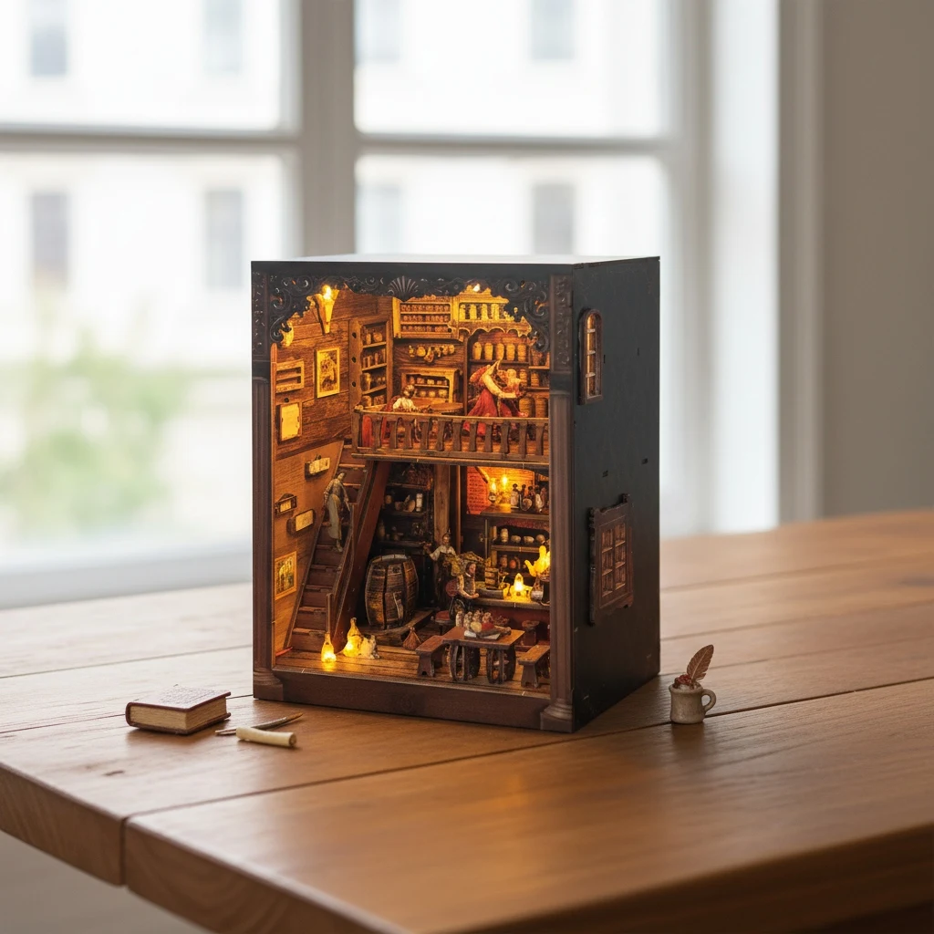 OUZEY Kit de bricolaje de rincón de libros de madera 3D, modelo en miniatura "Vintage Alehouse" con LED, regalo de decoración de estantería del viejo mundo para adultos