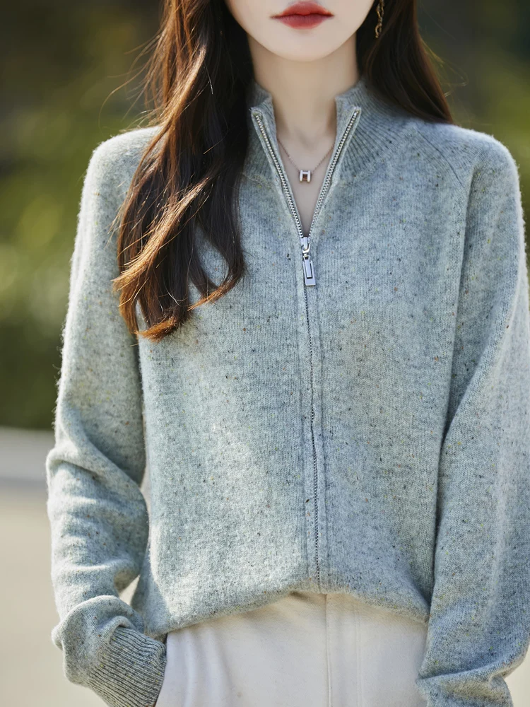 New Autumn Winter Women Cashmere Sweater Mock-Neck Cardigan 100% Merino Wool Knitwear Female Soft Fashion Simple Grace Tops