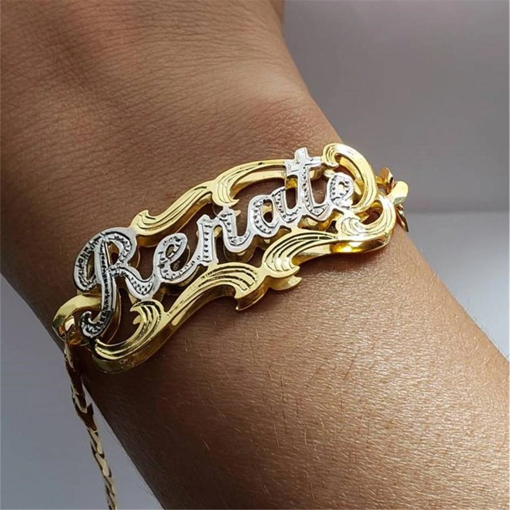 Personalized Two-Tone Name Bracelet Custom 3D Gold Name Bracelet Handmade Double Nameplate 8mm Cuban Chain Gift for Her