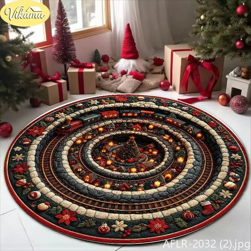 VIKAMA Christmas Gnomes Round Rug 3D Spiral Tunnel Tree Circular Mat Non Slip Circle Rug for Living Room Bedroom Decor Gift