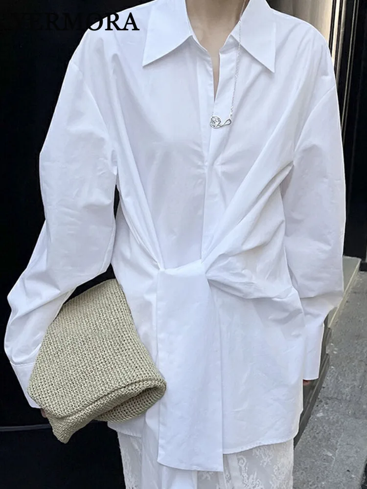 

YERMORA White Design Bandage Casual Blouse For Women Lapel Long Sleeve Loose Fit New Shirt Fashion Tide Sprring Autumn 2025