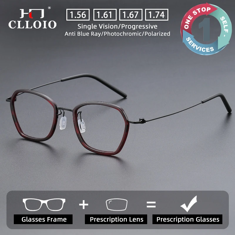 

CLLOIO Fashion Screwless Titanium Prescription Glasses Blue Light Blocking Polygon Myopia Glasses Progressive Reading Eyewear