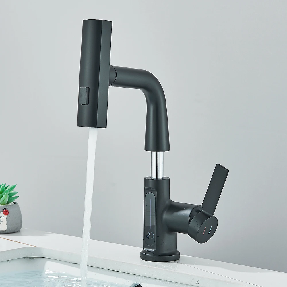 Waterfall Temperature Digital Display Basin Faucet Lift Up Down Stream Sprayer Hot Cold Water Sink Mixer Wash Tap For Bathroom