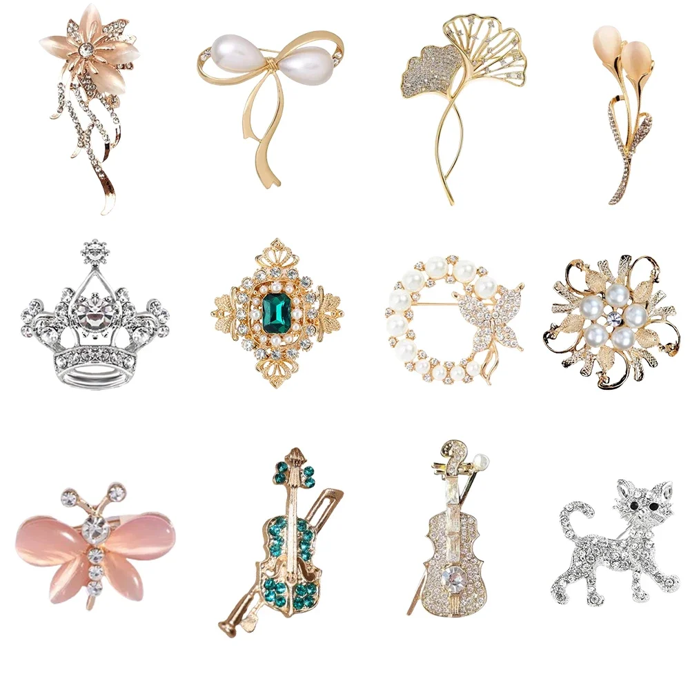 Luxury Flowers Crown Violin Brooch for Women Men Fashion Shiny Zircon Pin Cute Cat Brooch Banquet Jewelry Wedding Party Gifts