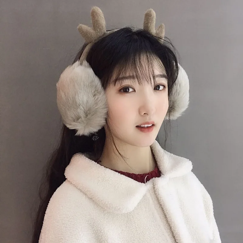 Women Autumn Winter Earmuffs Deer Horn Plush Ear Warm Ear Protectors Adjustable Folding Ear Muffs Children Cashmere Cute Earflap