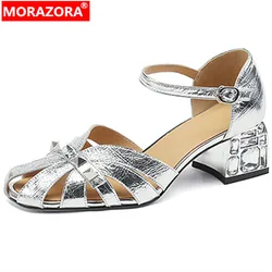 MORAZORA 2024 New Arrive Fashion Genuine Leather Women Sandals Popular Office Ladies Dress Shoes Square High Heels Shoes