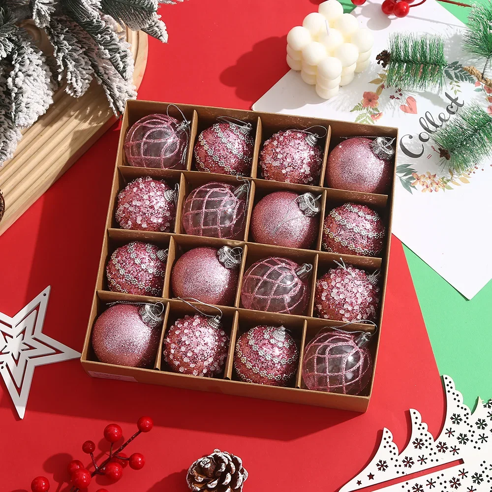 6cm Sparkling Pink Christmas Ball Set Plastic Christmas Tree Hanging Pendant Home Decoration Xmas Party Supplies Ball Ornament