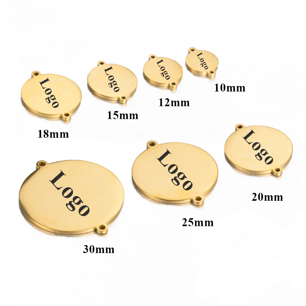 10mm-30mm 10pcs/lot Stainless Steel Round Logo Name Charms Disc Pendant Connectors Two Hole Personalized for Jewelry Making DIY