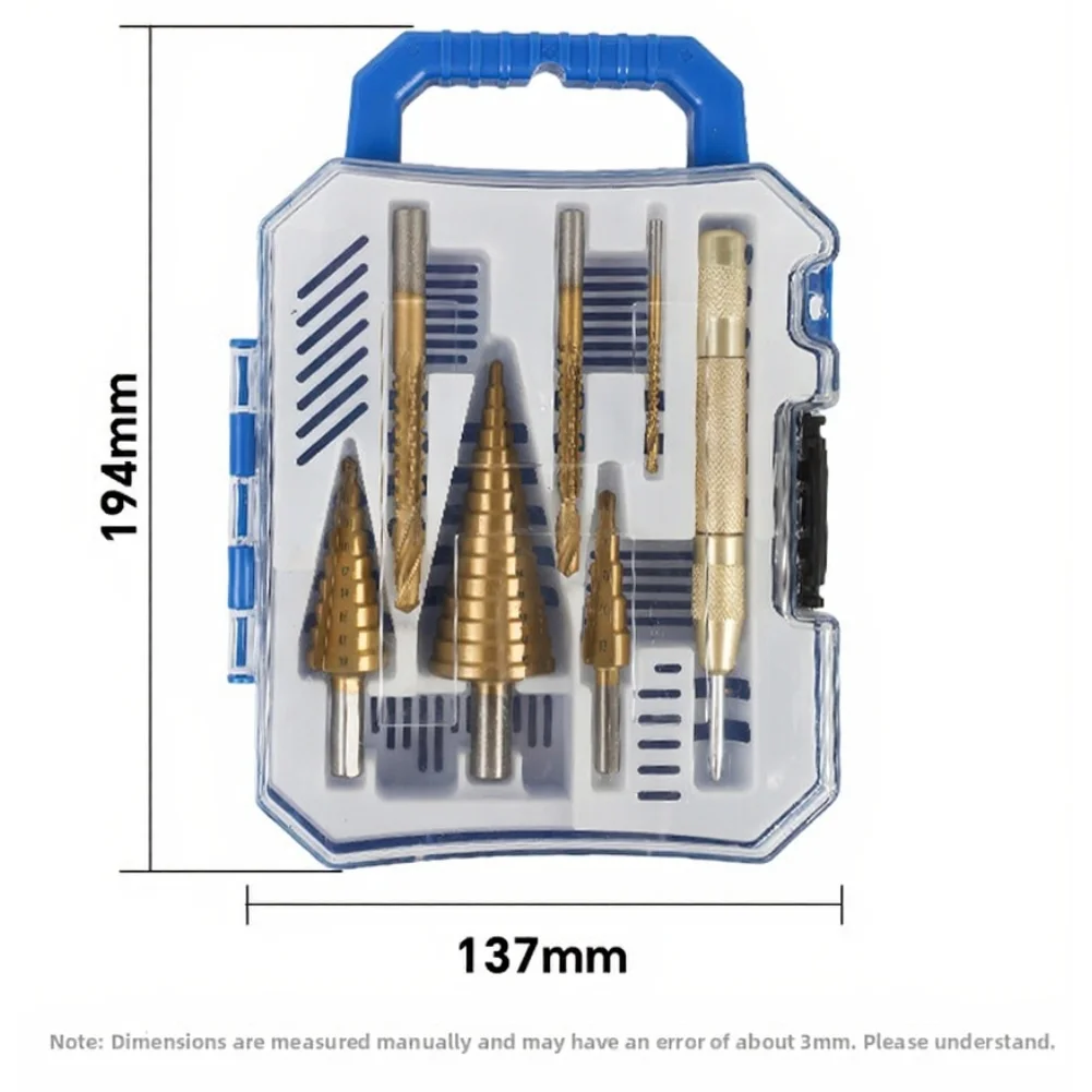 7pcs Straight Flute Step Drill Bit Set With Center Punch Five-blade Chamfer Tool Sawtooth Tower Drill Set For Metalworking