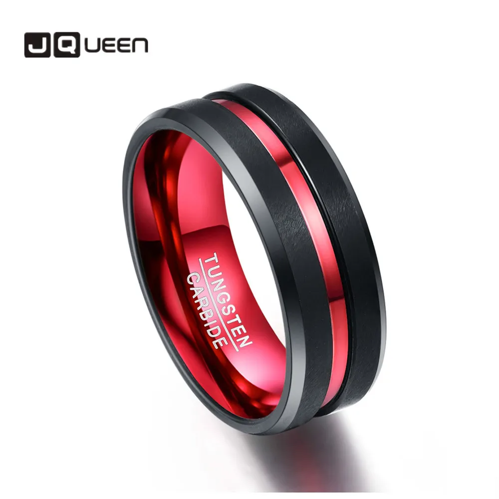 Men\'s Ring 8MM Black and Red Tungsten Carbide Ring Matte Finish Beveled Edges Size 7 to 16