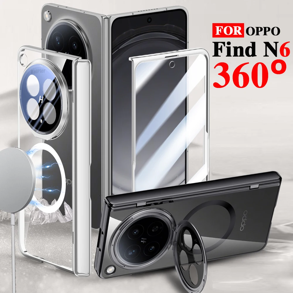 

Luxury Plating Clear Case For OPPO N6 5G 2026 Magnetic Alloy Lens Bracket Holder Transparent Hard Back Cover Casing