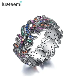 LUOTEEMI Brand Black Color Gothic Leaf Shape Ring For Women Hip Hop Zircon Finger Ring Rainbow CZ Accessories Customized Jewelry