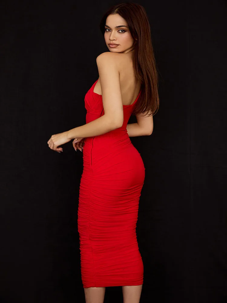 Nightclub Sexy Red Dress One Shoulder Sleeveless Mesh Fishbone Tight Backless Dress Summer Wrinkle Banquet Solid Color Dress