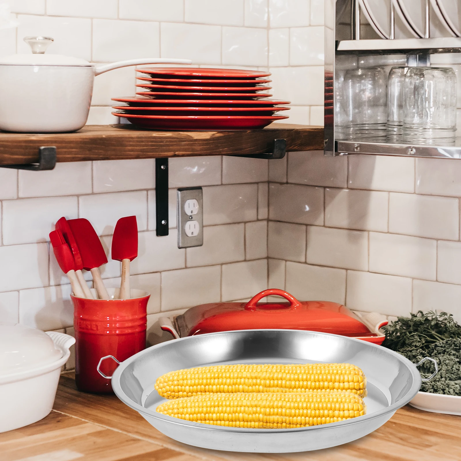 

1pc Double Handle Steaming Plate Stainless Steel Steamed Food Tray Utensil For Fish Crab Veggies Tamale