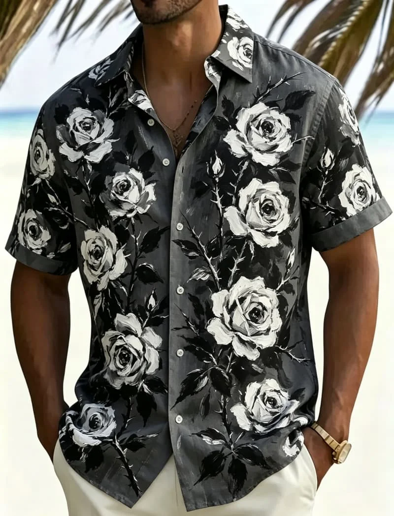 Men's Artistic Floral Oil Painting Print Casual Shirt, Breathable Top For Summer Vacation Party Travel And Daily Wear