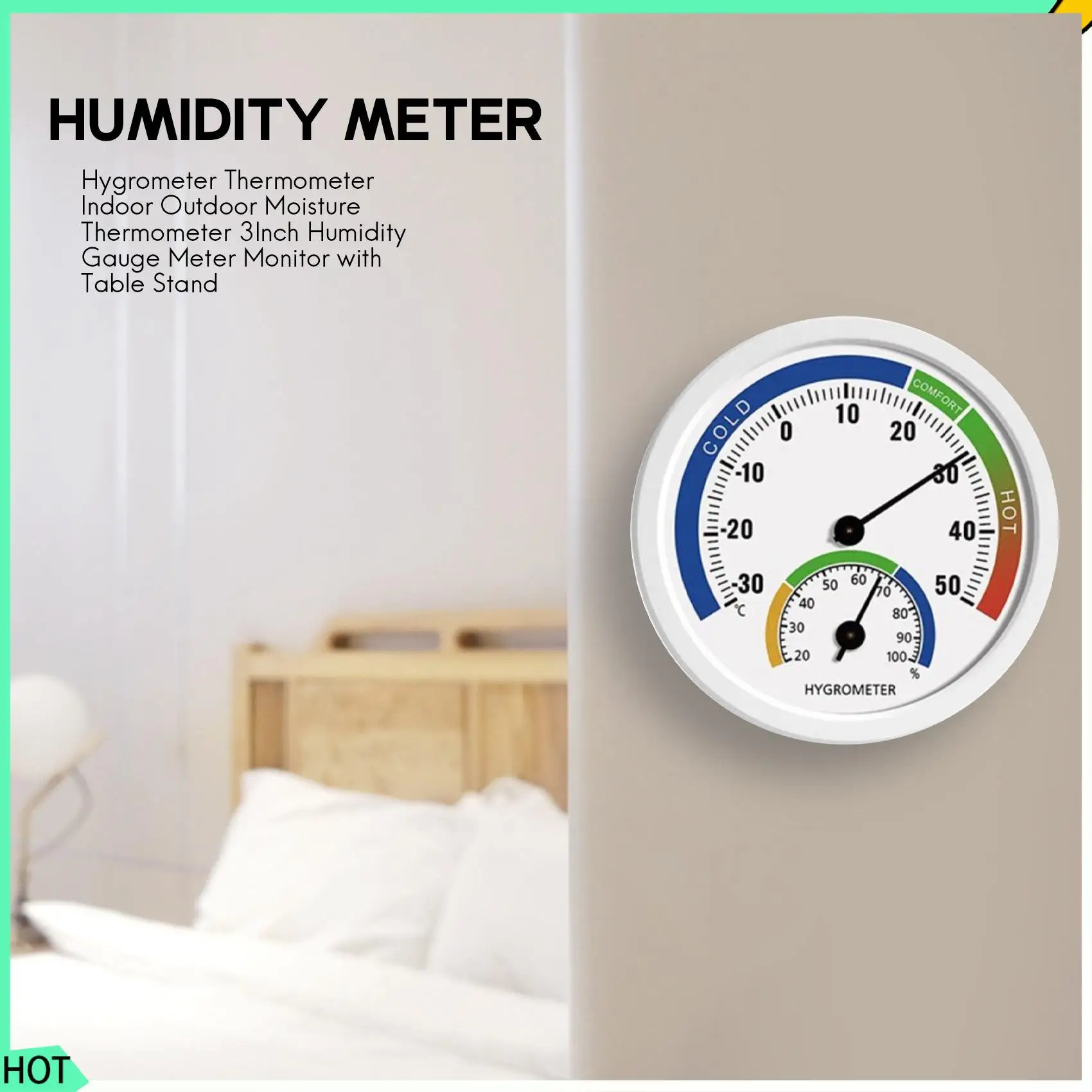AWAH Hygrometer Thermometer Indoor Outdoor Moisture Thermometer 3Inch Humidity Gauge Meter Monitor With Table Stand