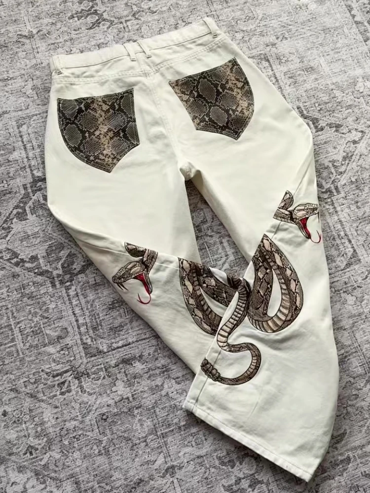 Streetwear Retro Snake Jeans Boa Embroidery Graphic Python Print Pocket Denim Pants Y2K Trend Unisex Baggy Straight Leg Pants