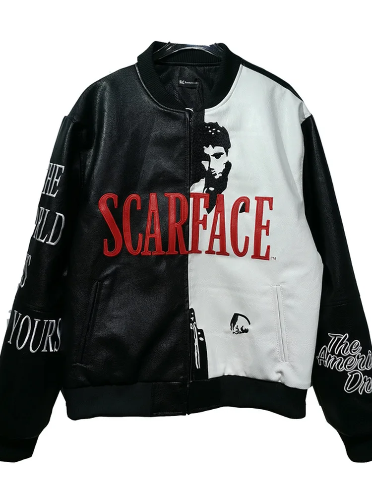 

Ретро-куртка в уличном стиле SCARFACE с вышивкой, черно-белая, из комбинированной кожи, для мужчин и женщин, модная, на молнии, с длинными рукавами, с воротником-стойкой